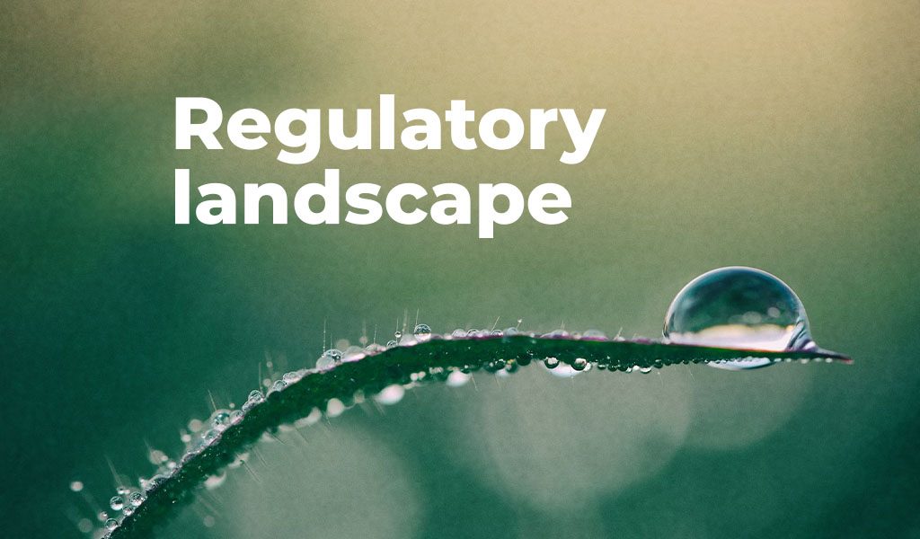 Visual representation of the 'Regulatory Landscape' with a drop above a leaf, symbolizing the influence of regulations on agriculture.